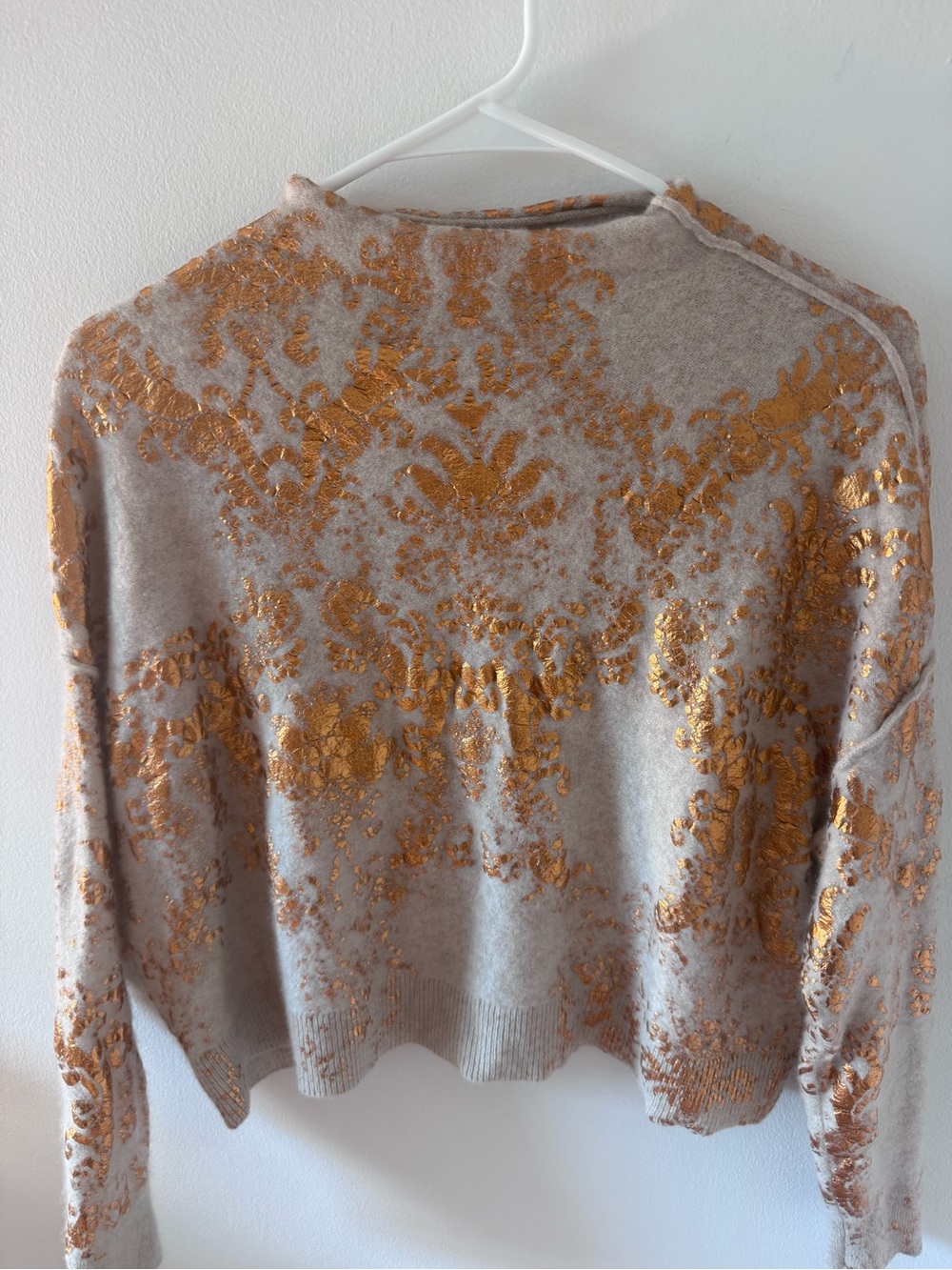 Pilcro Beige Cashmere Sweater with Metallic Gold Floral Pattern - Picture 3 of 4